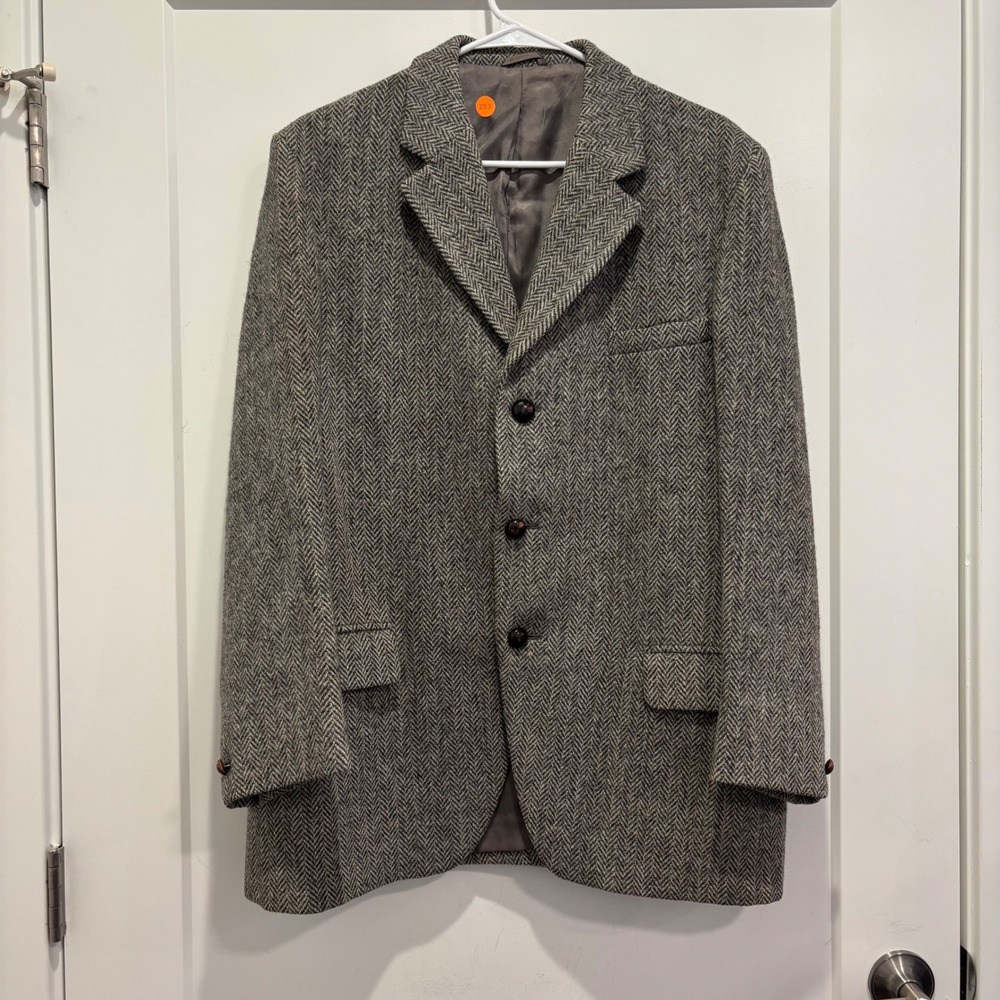 Dunn & Co Harris Tweed Vintage Blazer Grey Herringbone Wool Sport Coat Jacket